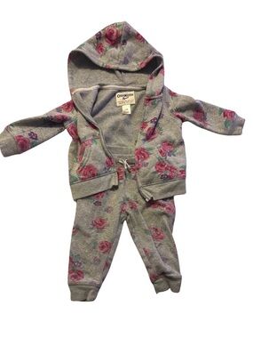 OshKosh B'gosh Gray Floral Zip Hoodie Set with Pink & Purple Roses